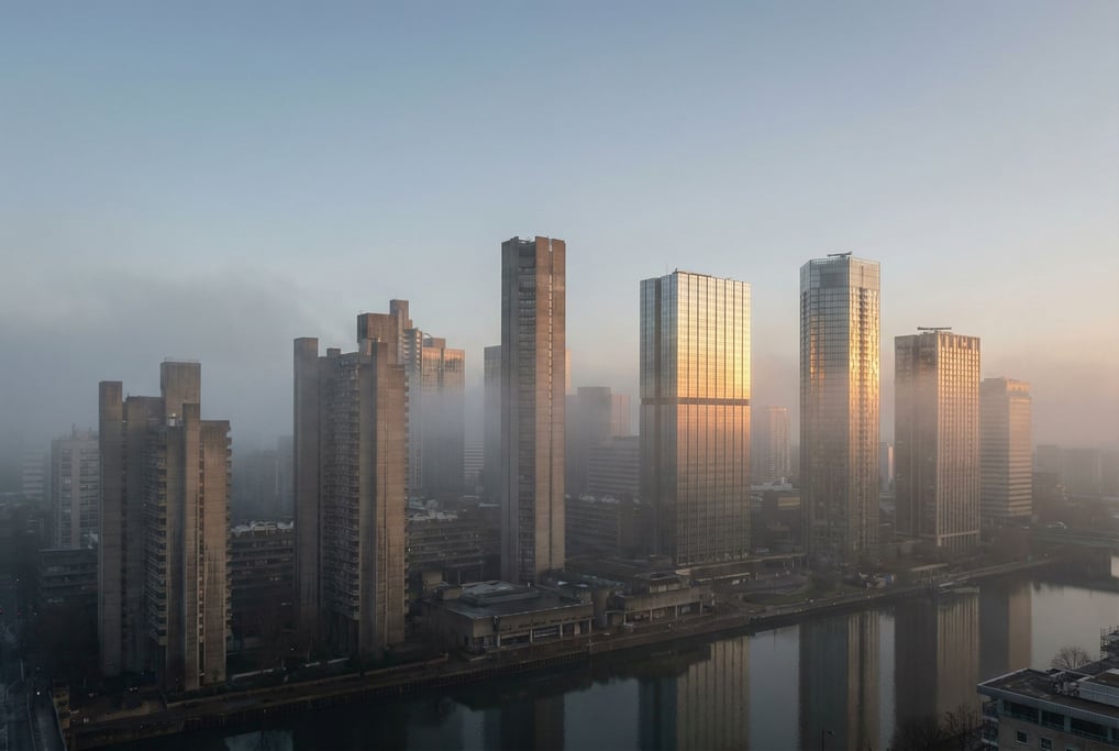 Sweeping panoramic view of a brutalist concrete city skyline at misty morning