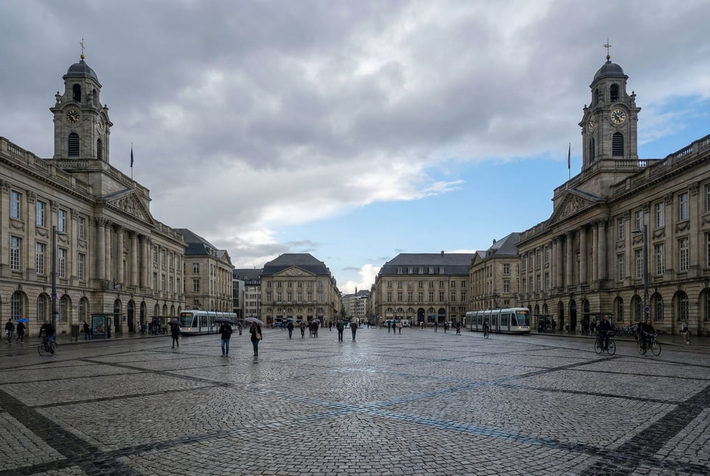 Wide civic square flanked by government buildings in a European city
