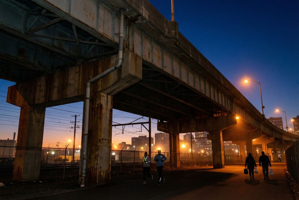 Concrete highway overpass seen from below at dusk, riveted steel beams and industrial character