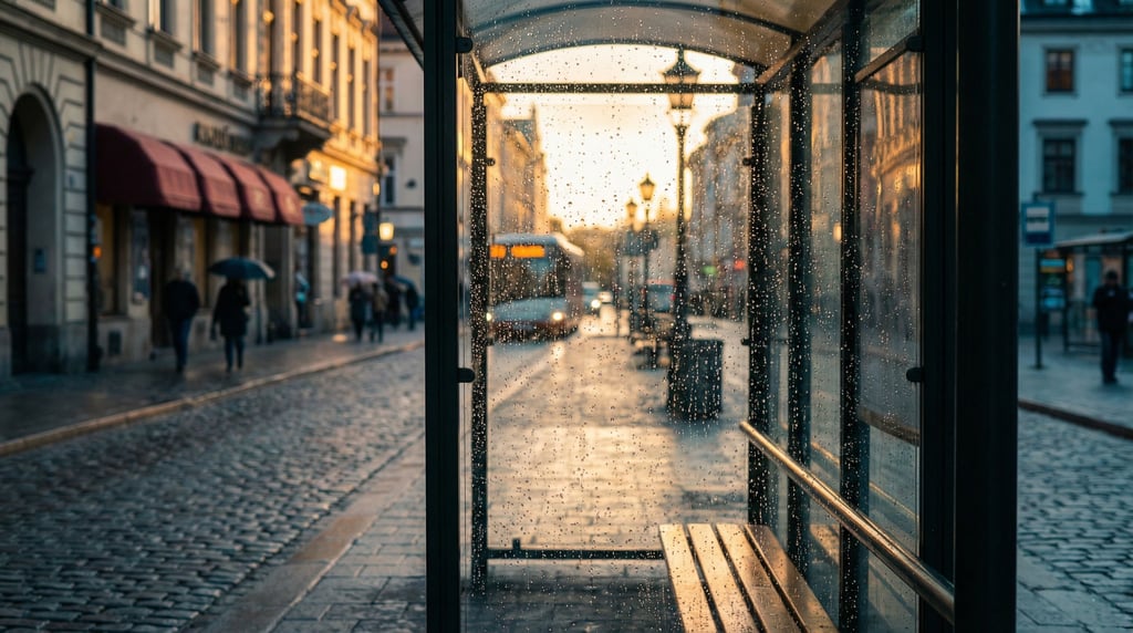 Looking out through a bus shelter glass panel at a historic city street
