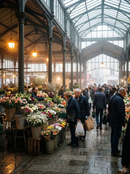 Covered market hall with cast iron columns and glass roof with fresh flowers in tin buckets