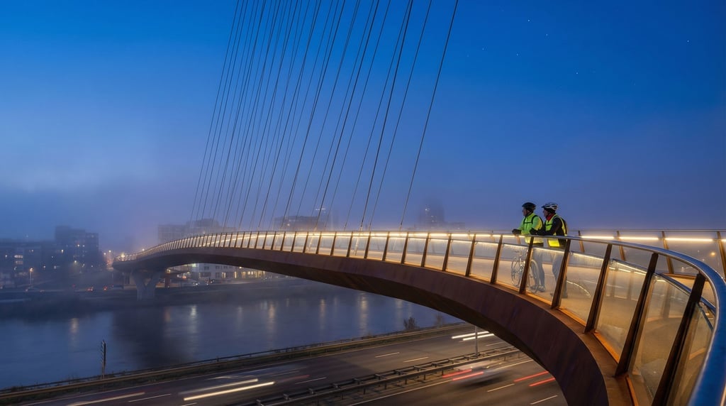 Sleek contemporary cycling bridge at blue hour, cables disappearing into mist