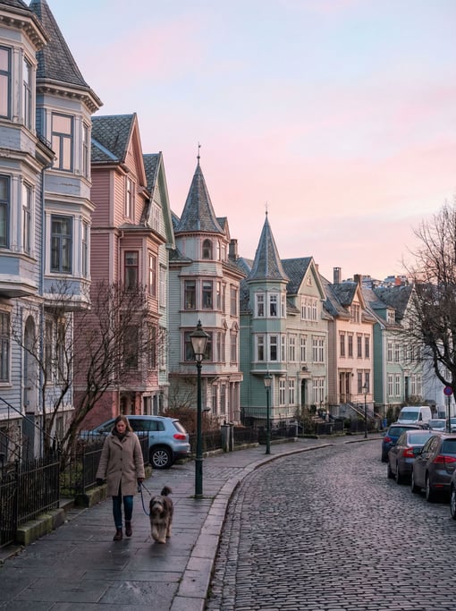 Victorian painted lady houses on a hill in a northern European neighborhood