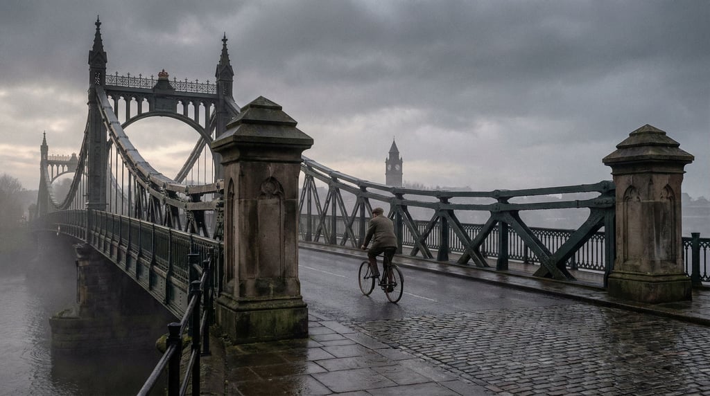 Cast iron Victorian bridge under overcast skies, soft even light and muted tones