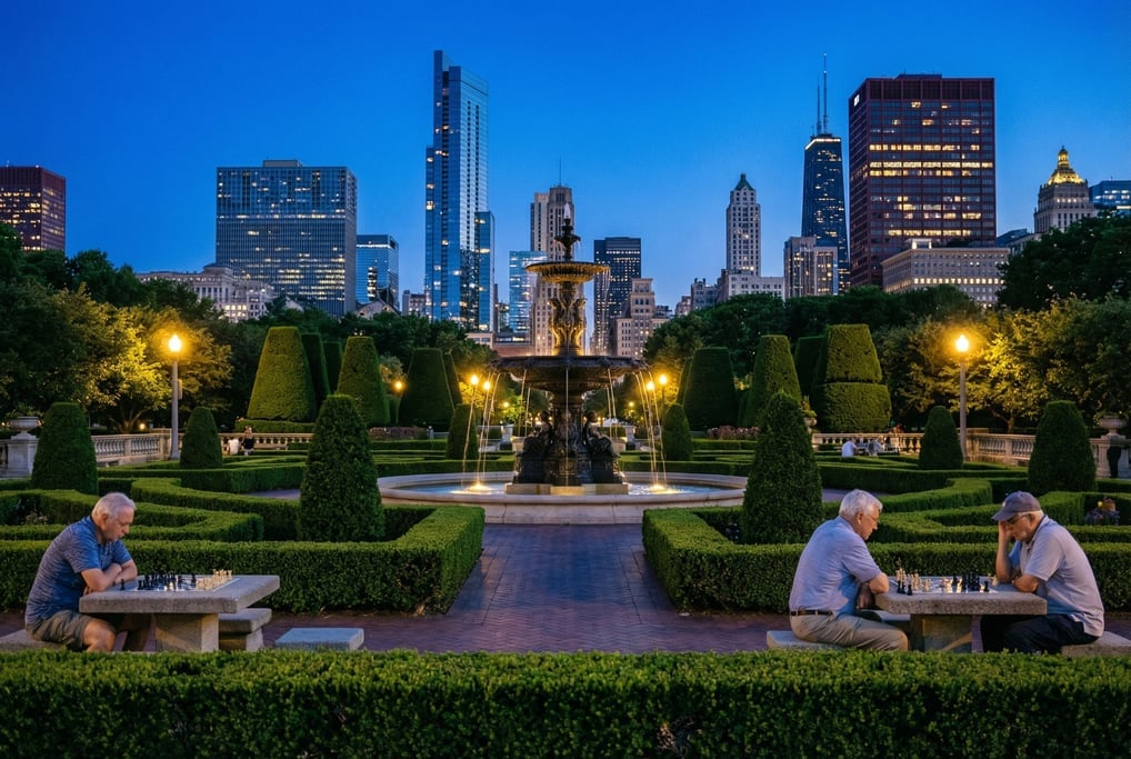 Manicured city garden with formal hedges with city towers visible in the background