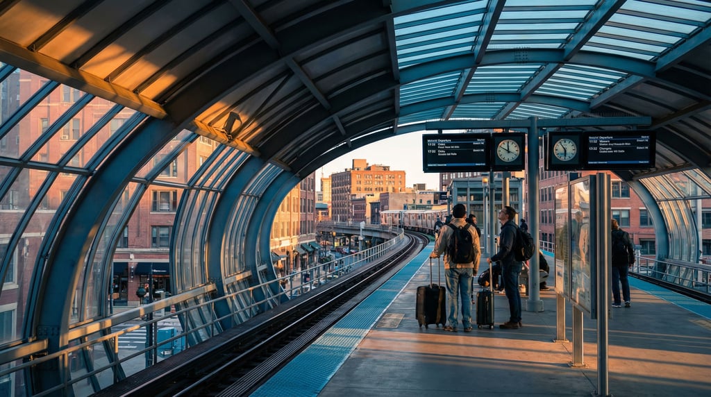 Elevated train platform, steel and glass canopy filtering daylight