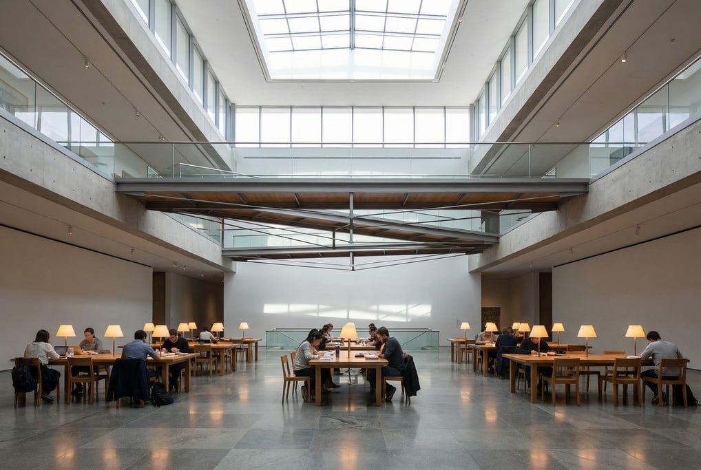 Soaring atrium with floating walkways inside a modern art museum