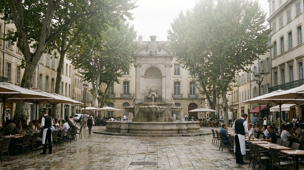 Grand stone piazza with a central fountain in a European city
