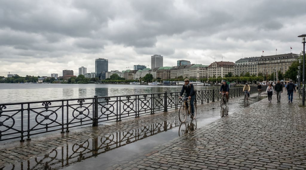 City lakefront path lined with iron railings and cobblestone paths along the water
