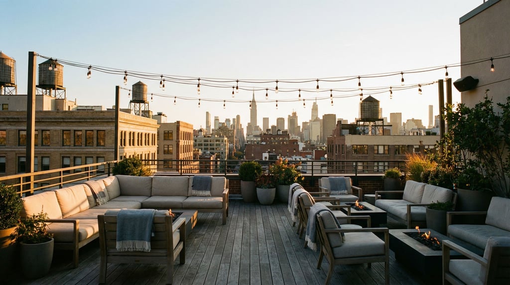Rooftop terrace with string lights overlooking downtown at golden hour