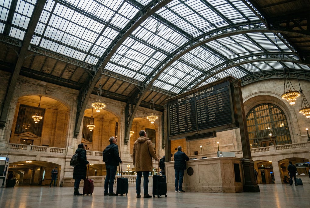 Grand central railway station concourse, vaulted iron and glass roof soaring above