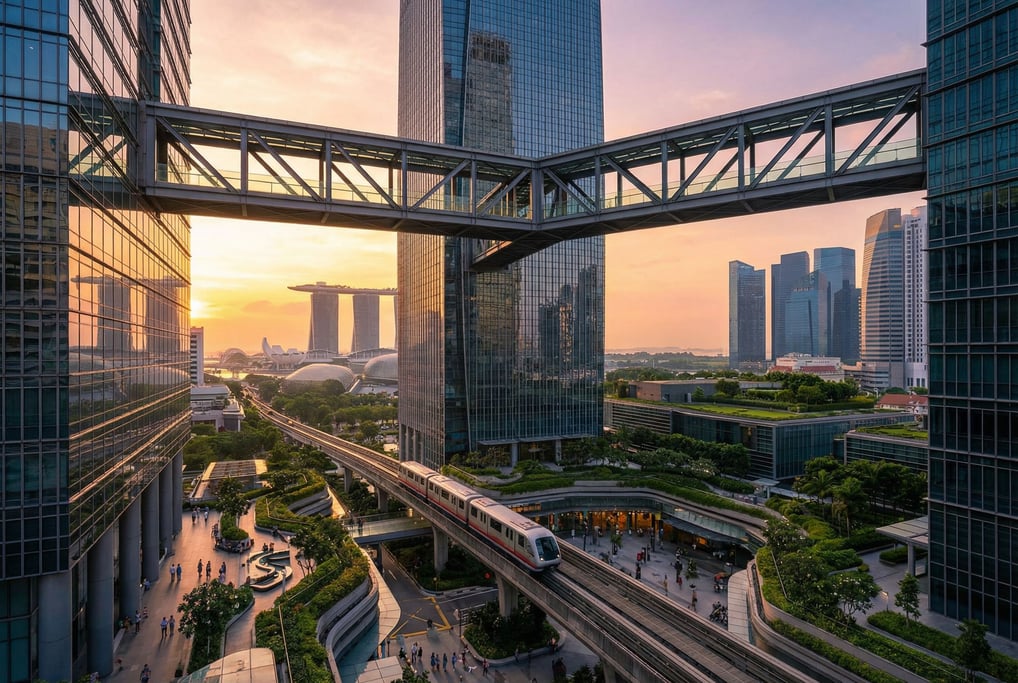Elevated walkway between glass towers in a Singapore