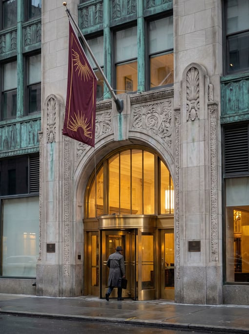 Ornate art deco building entrance with brass revolving door, a flag or banner hanging from above