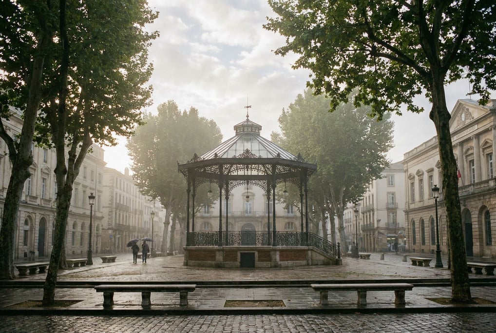 Tree-shaded plaza with a bandstand in a European city, stone benches arranged along the perimeter