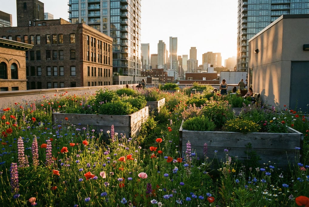 Green roof with wildflower meadow overlooking downtown at late afternoon