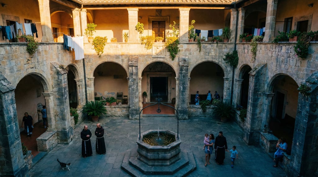 Looking up through a courtyard of a monastery cloister