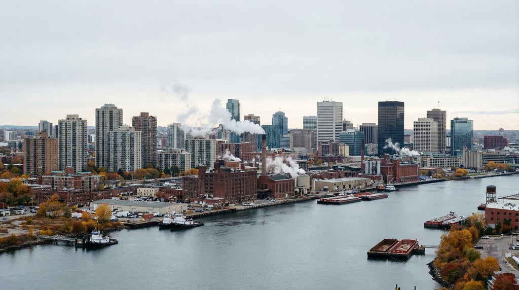 Sweeping panoramic view of a industrial waterfront city skyline at overcast midday