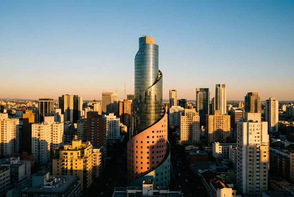 Sweeping panoramic view of a postmodern city skyline at late afternoon