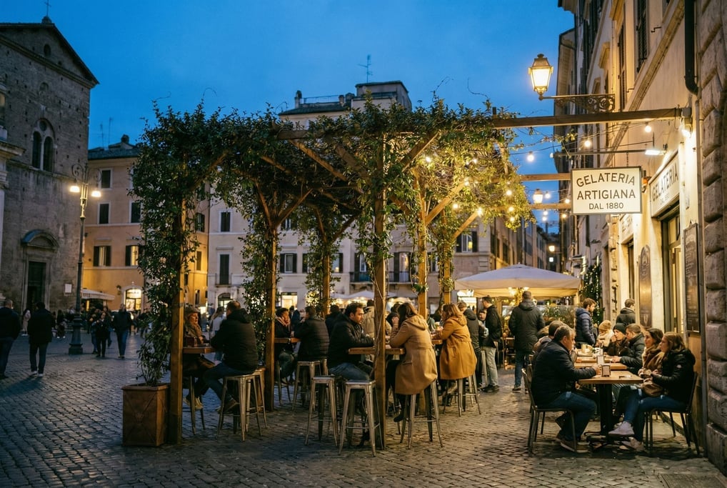 Outdoor gelateria with outdoor stools on a historic city square