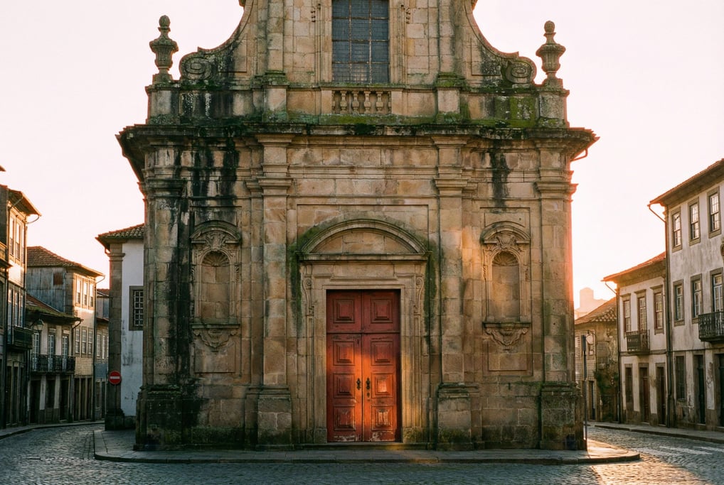 Baroque church facade with carved stone with weathering stains and patina adding character, sunset