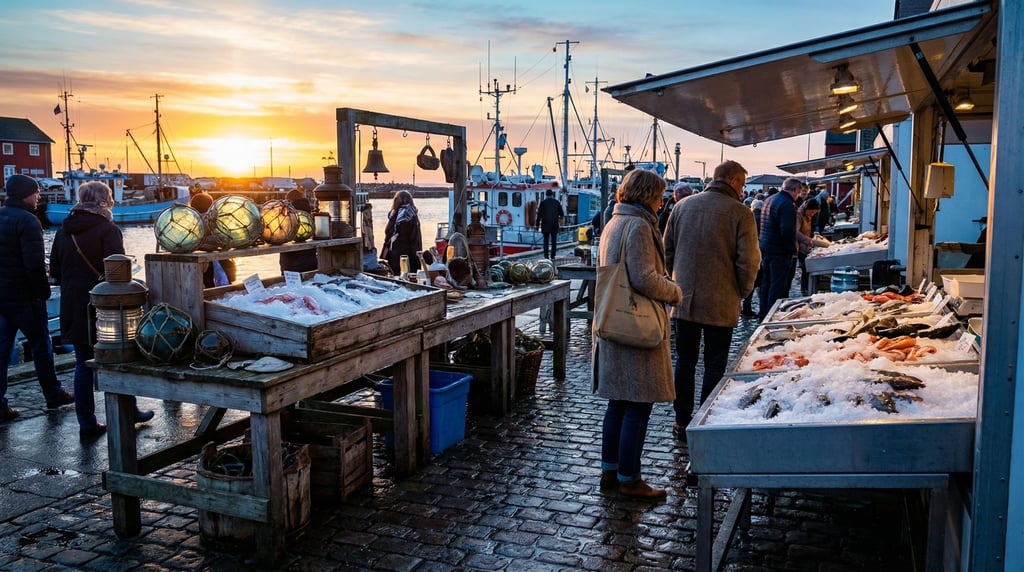 Fish market near the harbor with ice displays with vintage finds laid out on tables