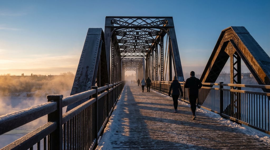 Railroad bridge converted to a walking path in winter light