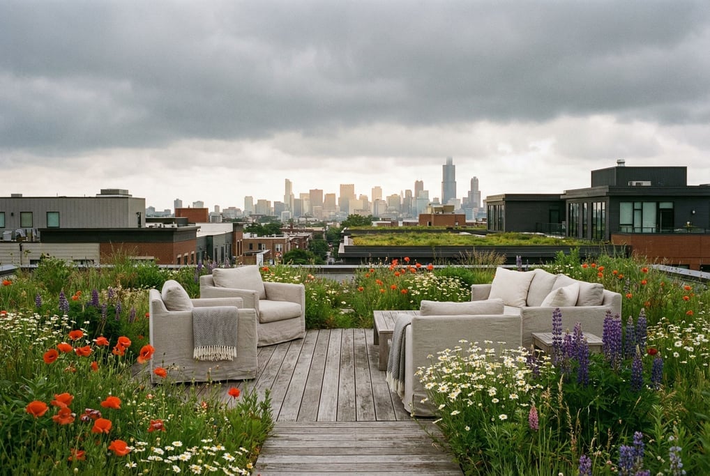 Green roof with wildflower meadow overlooking downtown at overcast midday
