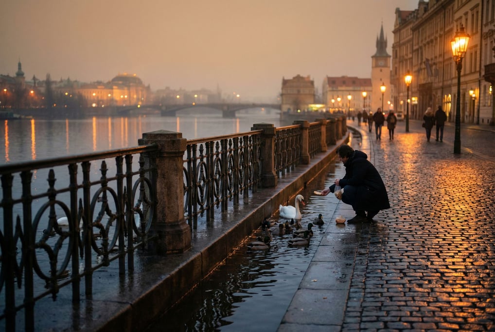 City river embankment lined with iron railings and cobblestone paths along the water, dusk