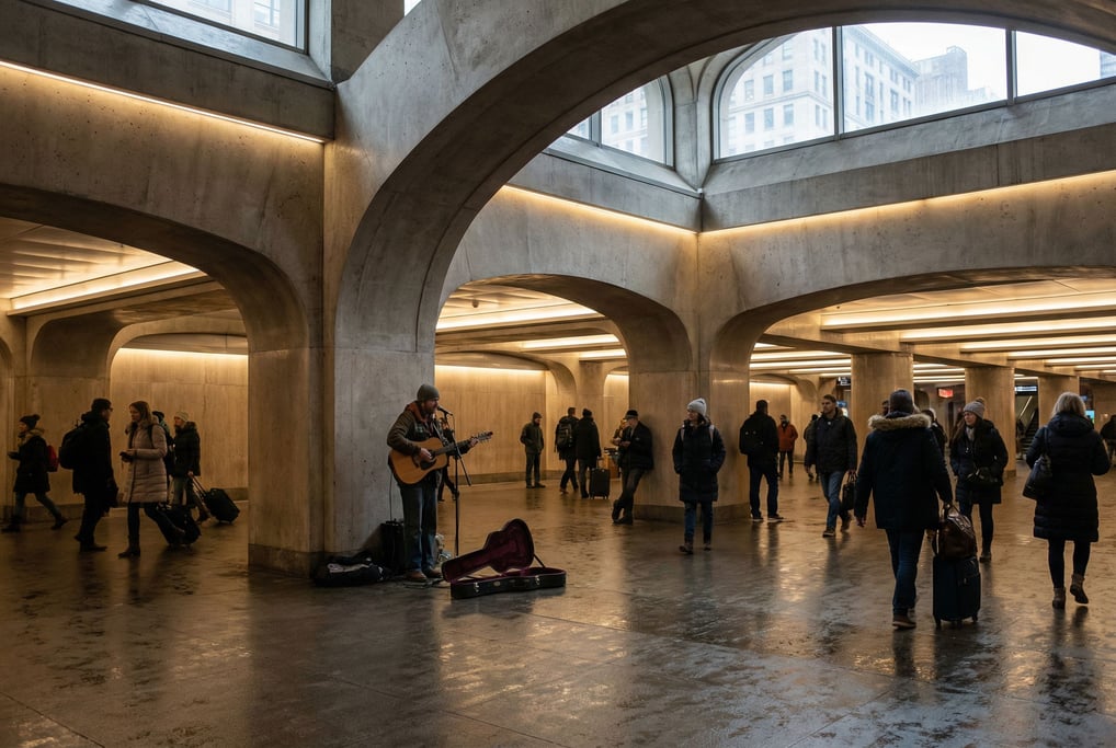Grand central railway station concourse, polished concrete walls and dramatic recessed lighting