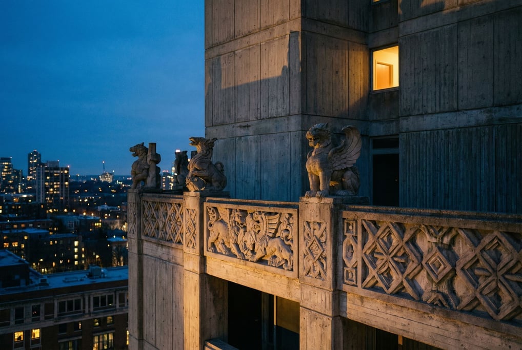 Brutalist concrete building facade with ornate carved details catching side light, dusk
