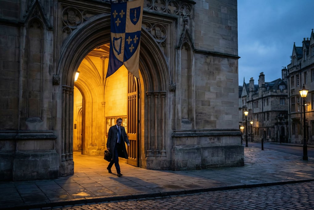 Gothic stone archway entrance to a university, a flag or banner hanging from above, blue hour