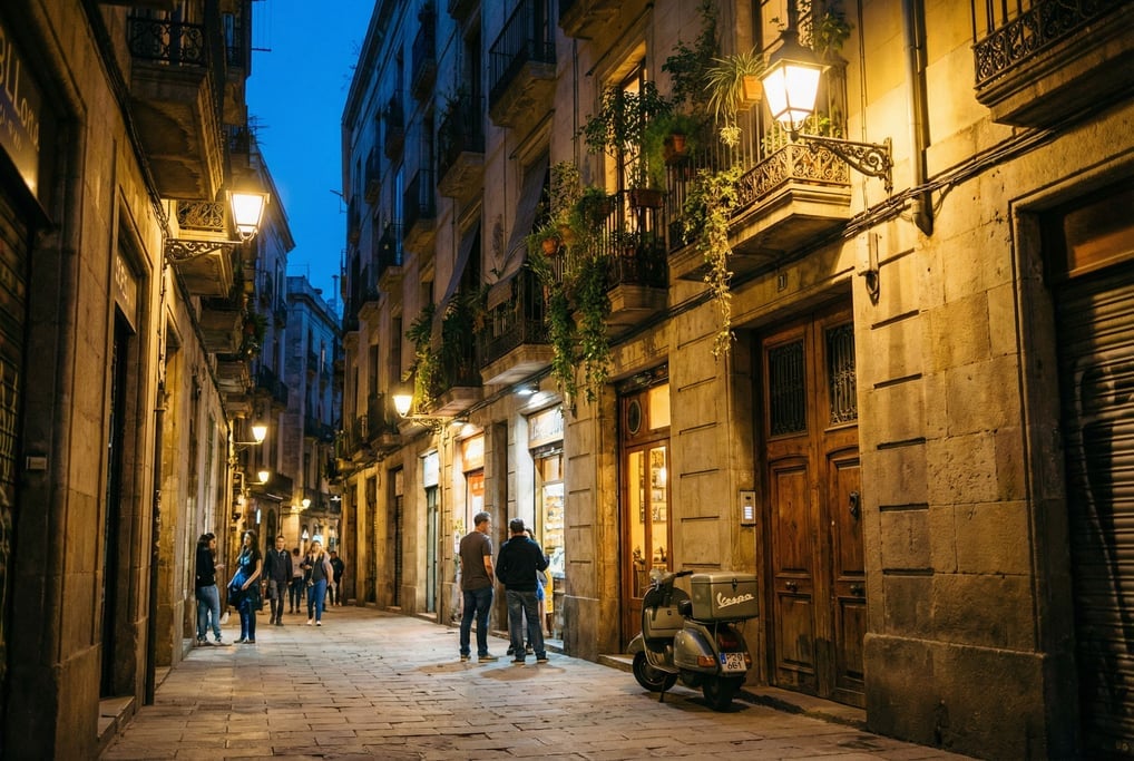 Narrow Barcelona Gothic Quarter street with wrought iron balconies with hanging plants, dusk