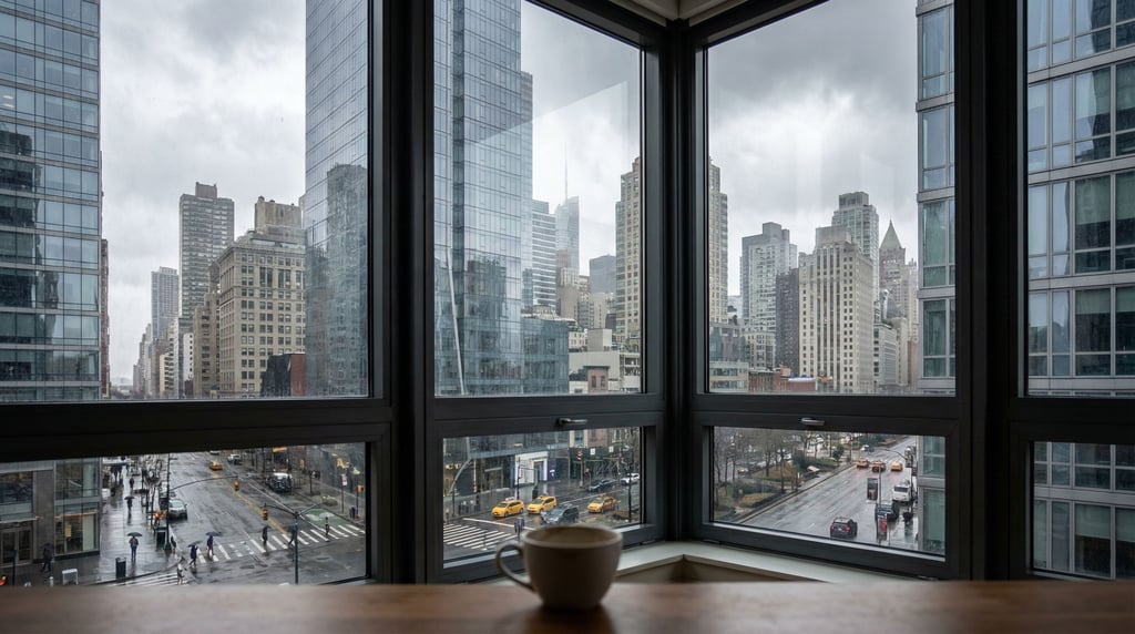 View through a large floor-to-ceiling apartment window overlooking a cosmopolitan cityscape at cloud