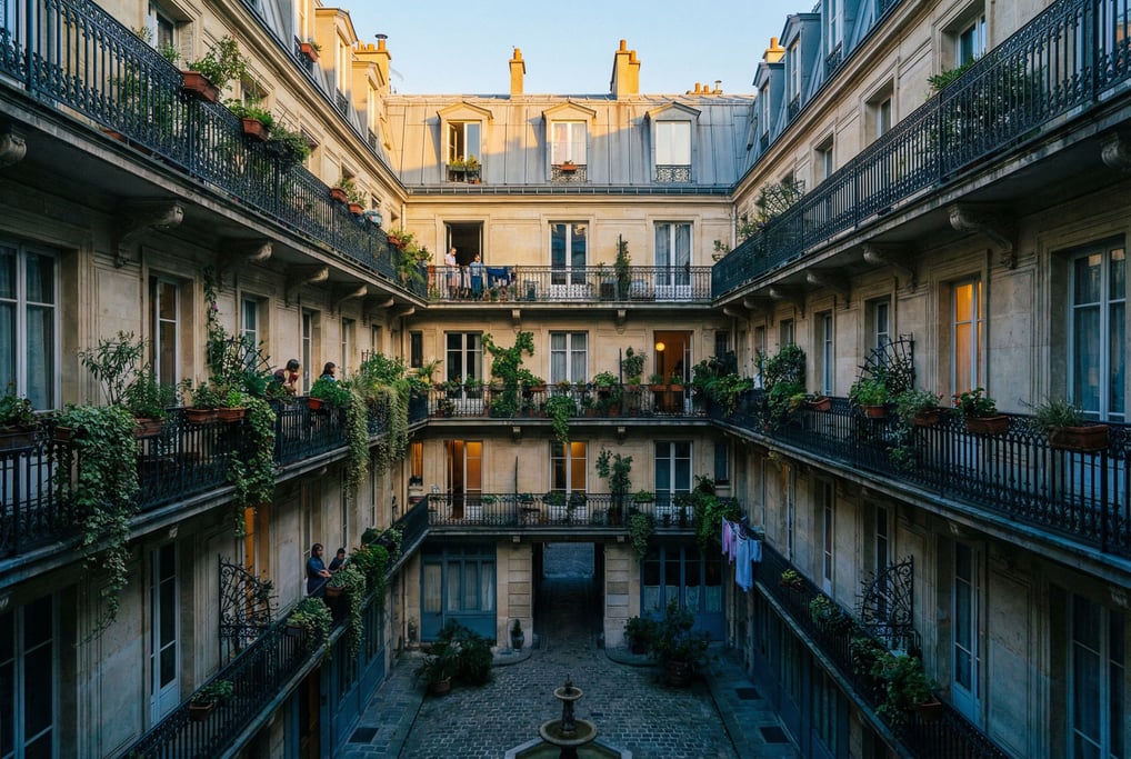 Looking up through a courtyard of a Parisian apartment block