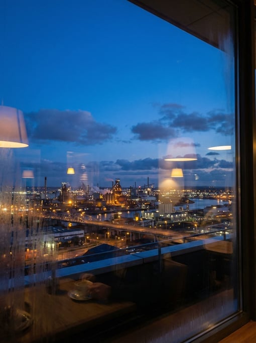 View through a café window with slight condensation overlooking a industrial cityscape at blue hour