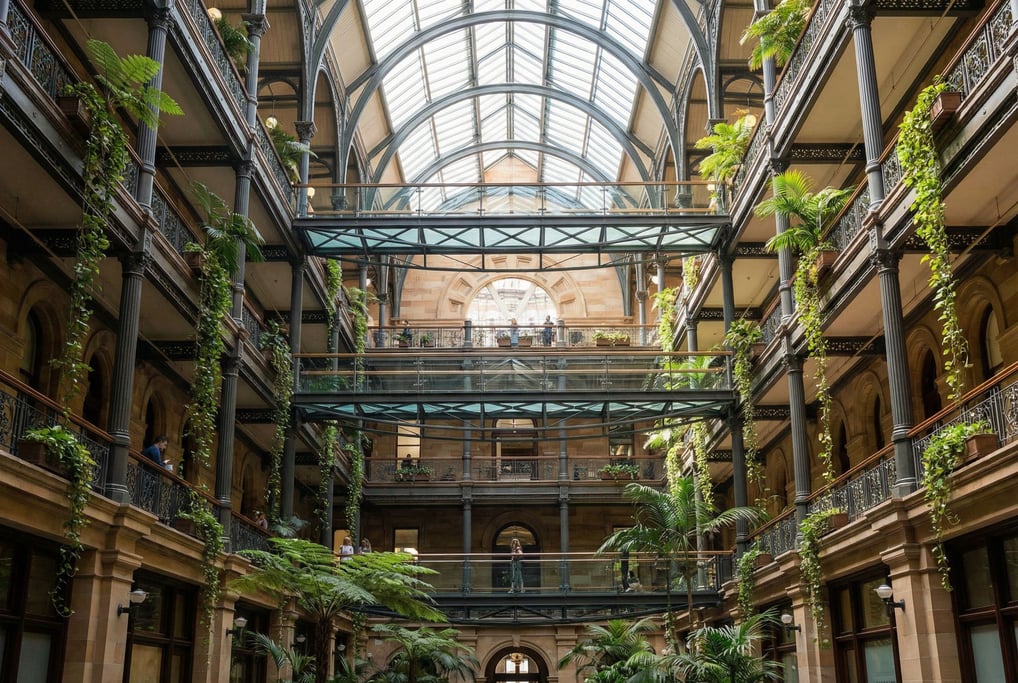 Soaring atrium with floating walkways inside a historic courthouse