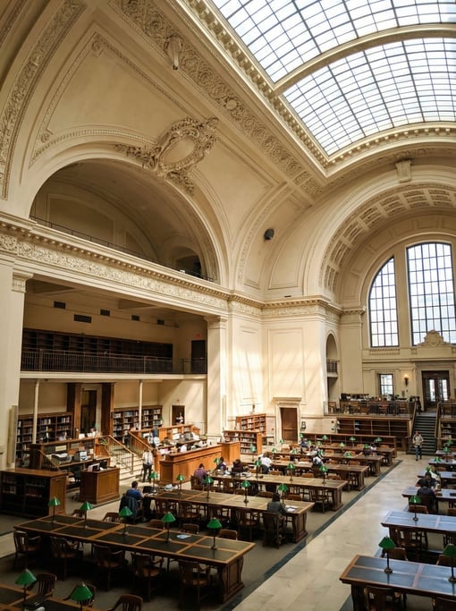 Grand reading room with rows of desks inside a civic center