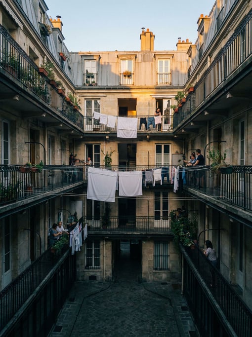 Looking up through a courtyard of a Parisian apartment block