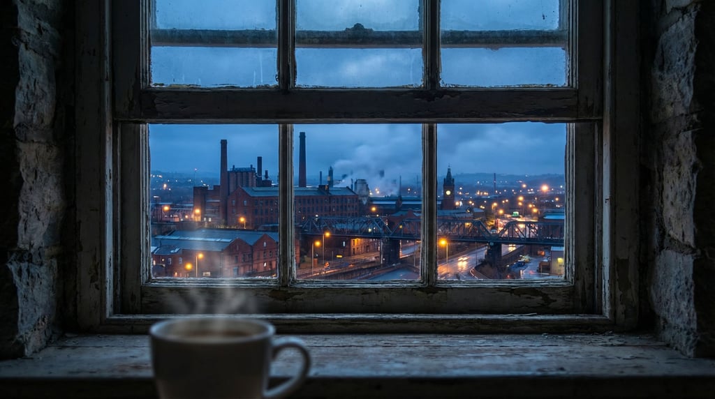 View through a old wooden-frame window in a historic building overlooking a industrial cityscape at