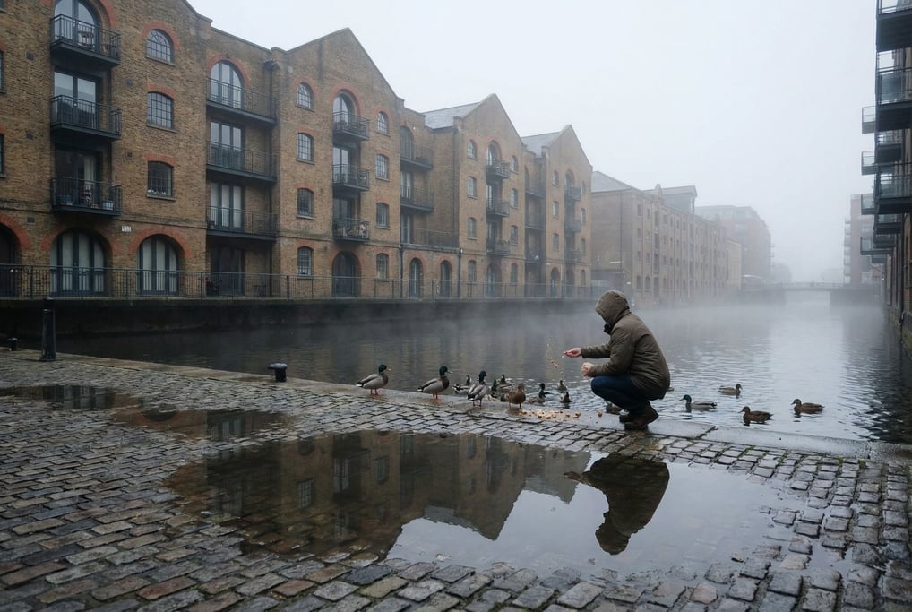 City dock area lined with old brick warehouses converted to apartments, misty morning