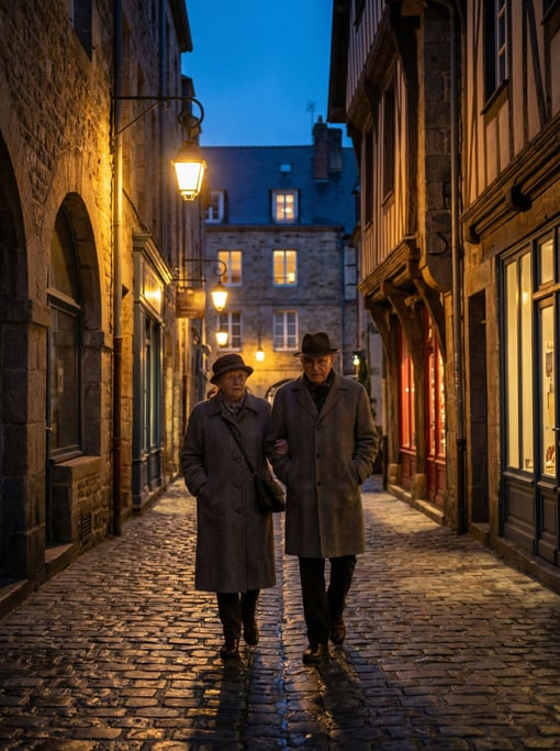 Narrow medieval stone alley with cobblestones wet from recent rain reflecting warm light, dusk