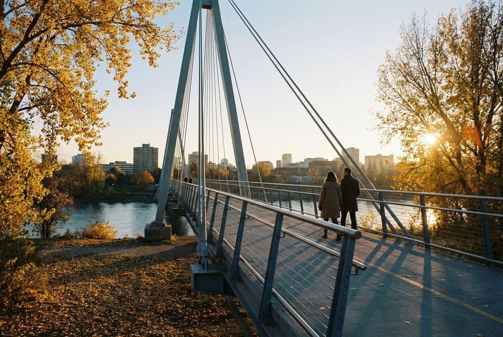 Modern cable-stayed pedestrian bridge on a crisp autumn day