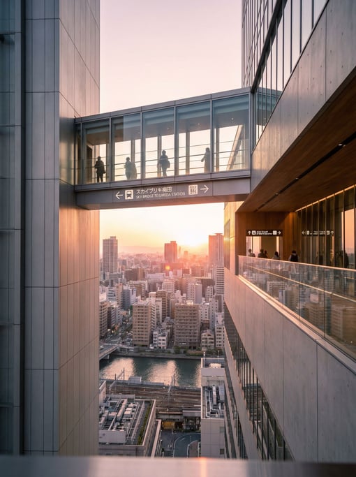 Elevated walkway between glass towers in a Osaka