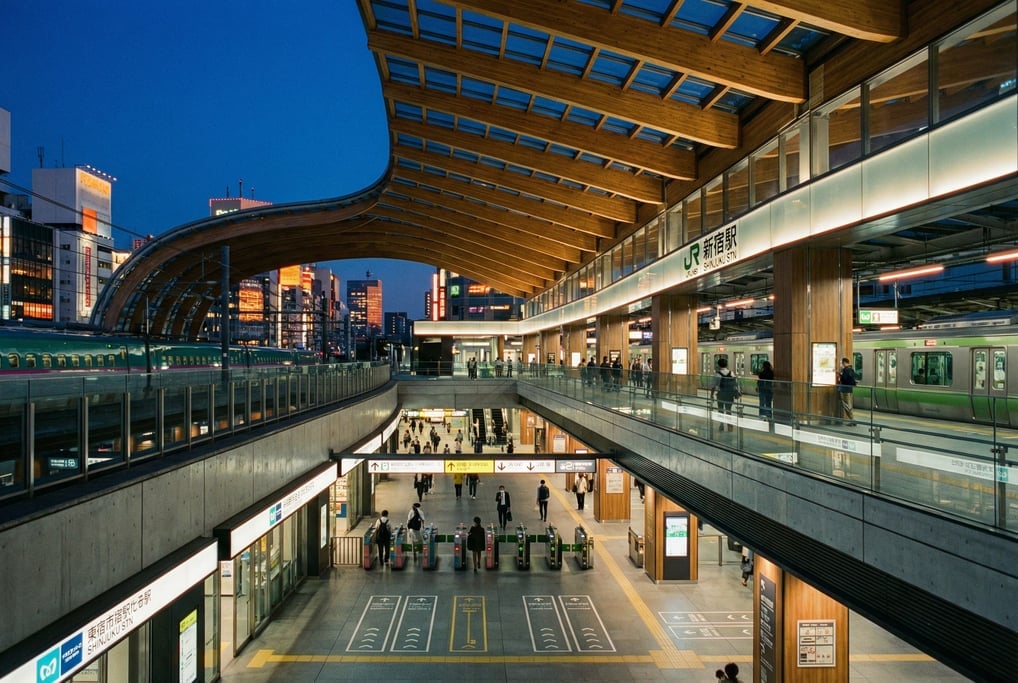 Modern transit hub with sweeping roof in a Tokyo