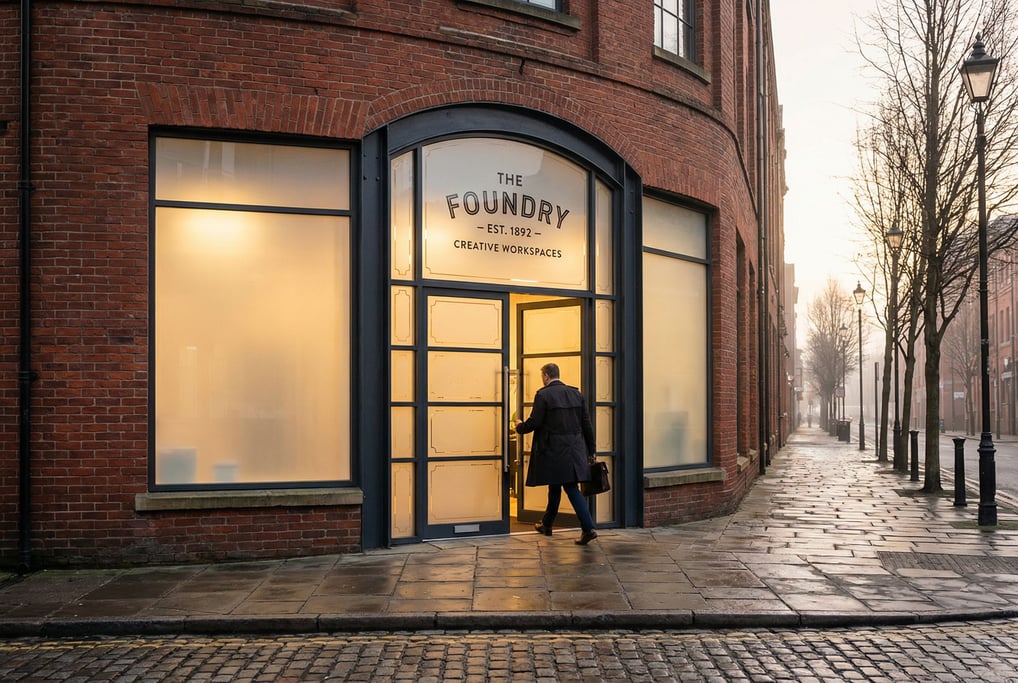 Industrial converted factory entrance with steel frame, etched glass panels flanking the entrance