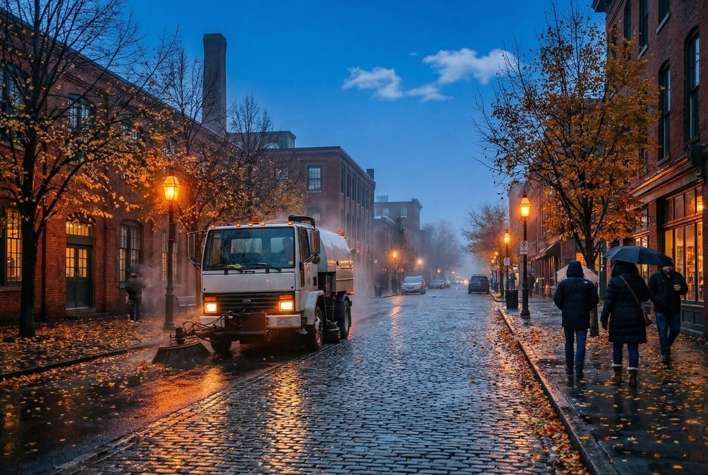Industrial city street on a crisp autumn day, golden leaves and warm light mixed with cool shadows