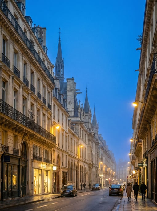 Grand Gothic revival boulevard with rows of cream limestone facades with ornate iron balconies