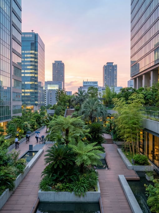 Public garden terrace between skyscrapers in a Osaka
