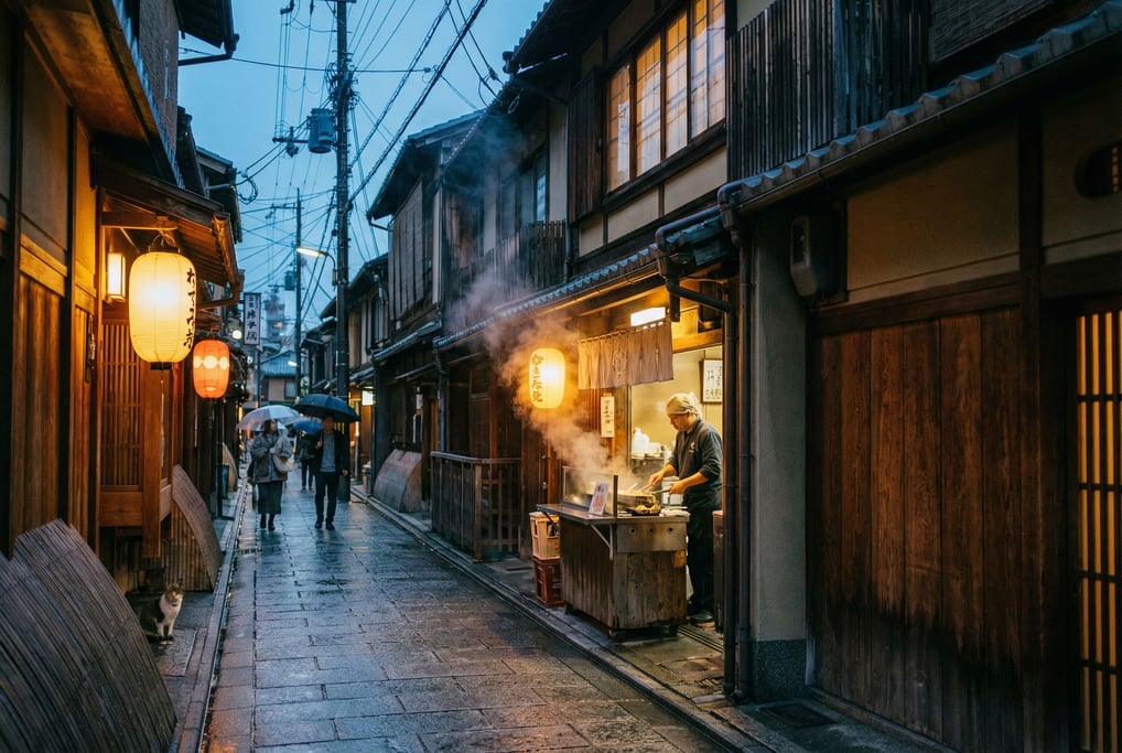 Narrow Kyoto wooden machiya street with paper lanterns glowing warmly above doorways