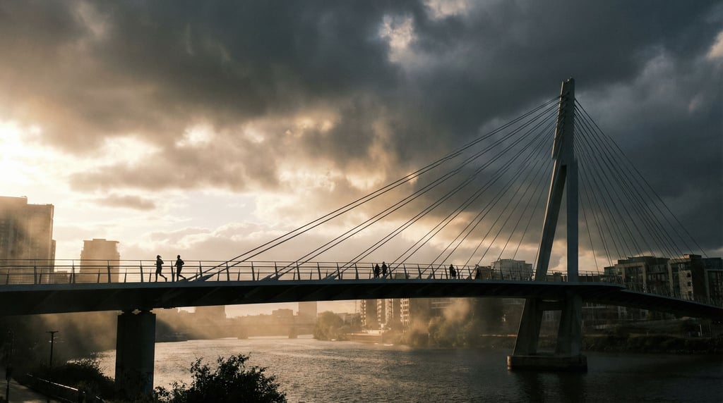 Modern cable-stayed pedestrian bridge under dramatic clouds